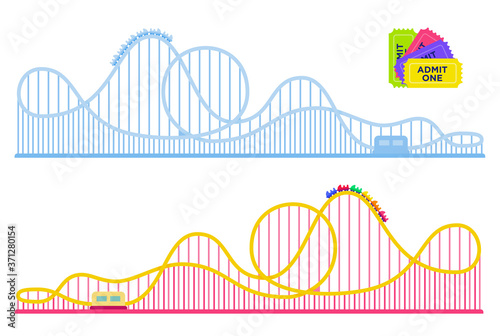 Collection of roller coasters in amusement park vector flat icon isolated