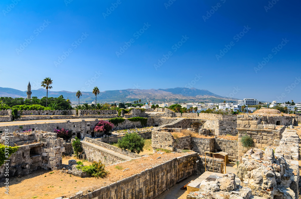 Neratzia Castle.Sculpture-strewn, 14th-century ruins of a seaside fortress featuring panoramic vistas of Kos harbor.Kos, Greece