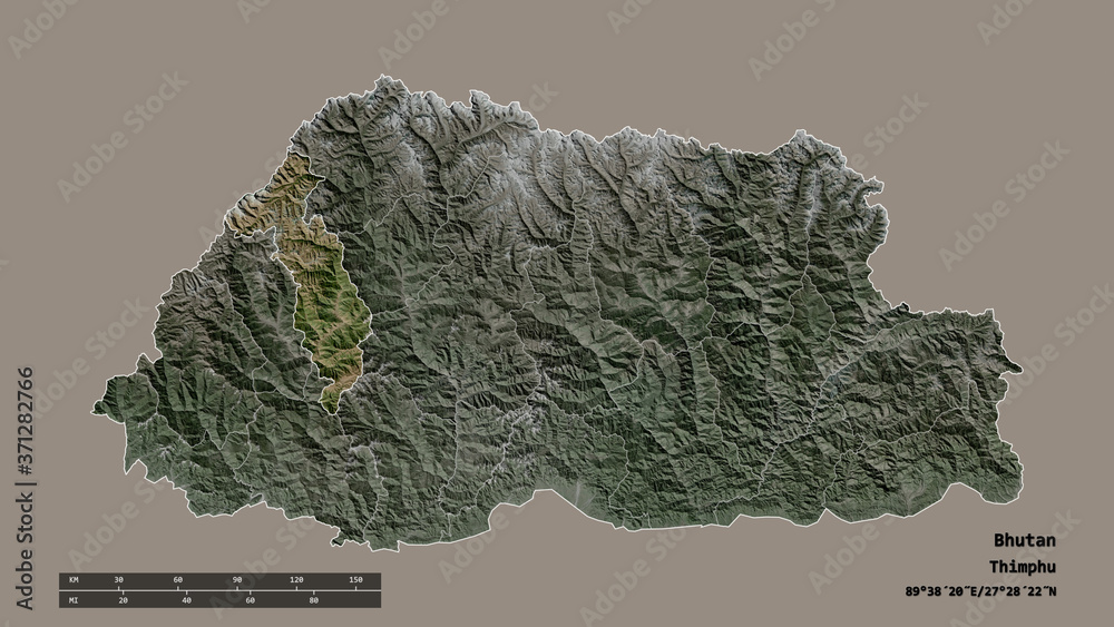 Location of Thimphu, district of Bhutan,. Satellite