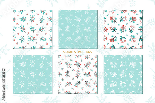 Vector Set of Berry Patterns. Floral Seamless Pattern. Background with Plants. Doodle Branches with Leaves, Flowers and Berries
