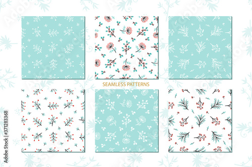 Vector Set of Berry Patterns. Floral Seamless Pattern. Background with Plants. Doodle Branches with Leaves, Flowers and Berries
