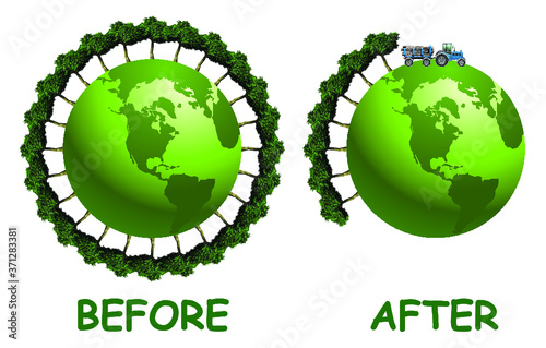 Representation of rain forest deforestation before and after showing extensive loss of forest around the globe isolated on white background