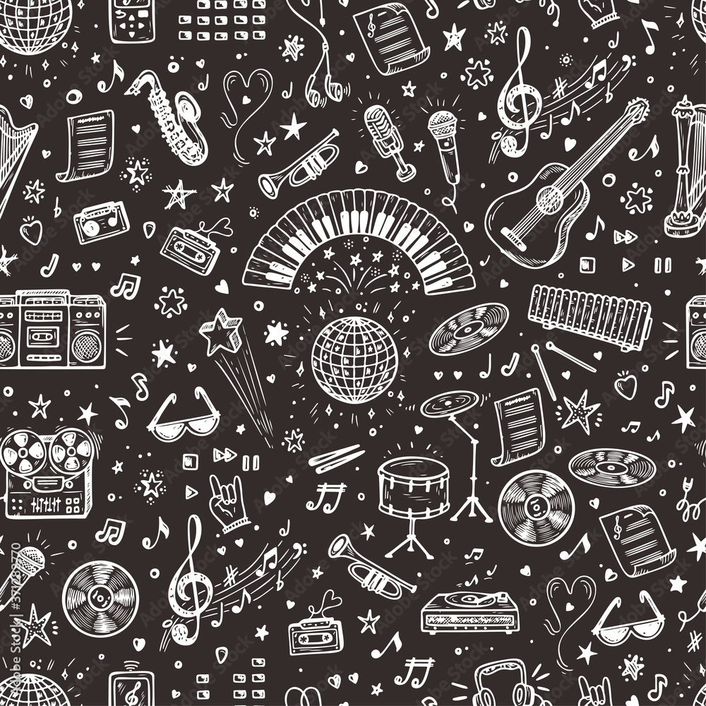 Vector Music background. Seamless pattern with Hand drawn doodle Musical Instruments, Retro musical equipment.
Vector Music background. Seamless pattern with Hand drawn doodle Musical Instruments, Retro musical equipment.