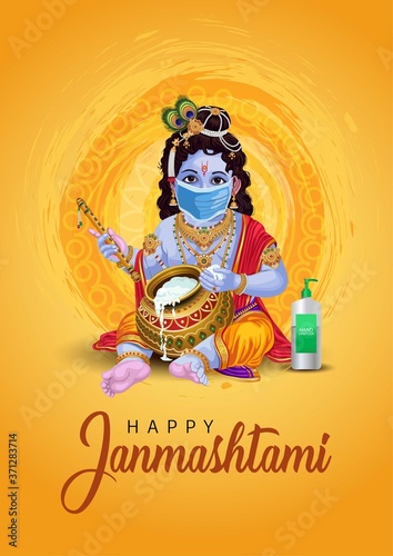 Little Krishna with flute and pot, happy Janmashtami yellow background. vector illustration. corona virus covid-19 concept © Arun