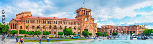 Panorama of Republic Square with monumental tuff buildings, Yerevan, Armenia