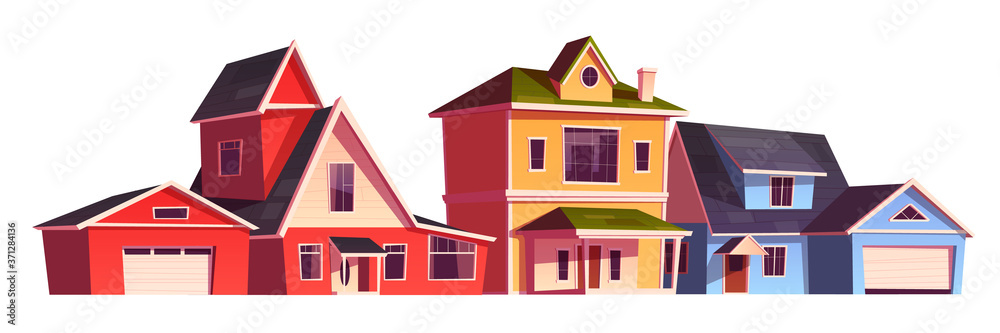 Suburb houses, residential cottages, real estate countryside buildings. Two storey suburban dwelling architecture with garages. Home facade isolated on white background. Cartoon vector illustration