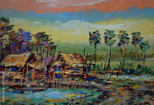  local way of life , Art painting Oil color buffalo northeast Countryside in the provinces Thailand