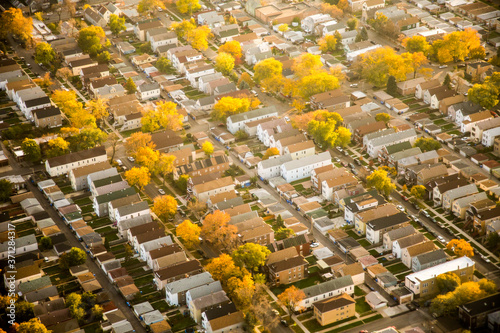Chicago, IL; aerial view of a residential area near Midway International airport in Chicago, in the fall season with fall color at peak.