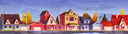 Street in suburb district with residential houses and yellow trees. Vector cartoon autumn landscape with suburban cottages, fall and rain. City neighborhood with real estate property