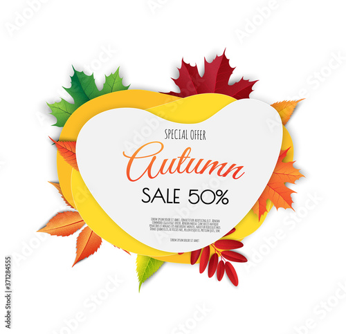 Autumn seasonal background frame with falling autumn leaves and room for text. Vector illustration