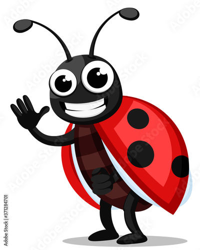 Ladybug stands, waves and smiles. The character