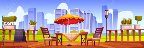 Summer terrace, outdoor city cafe, coffeehouse with wooden table, chairs and umbrella, plants and chalkboard menu on cityscape view. Street drinks and snacks cafeteria, Cartoon vector illustration