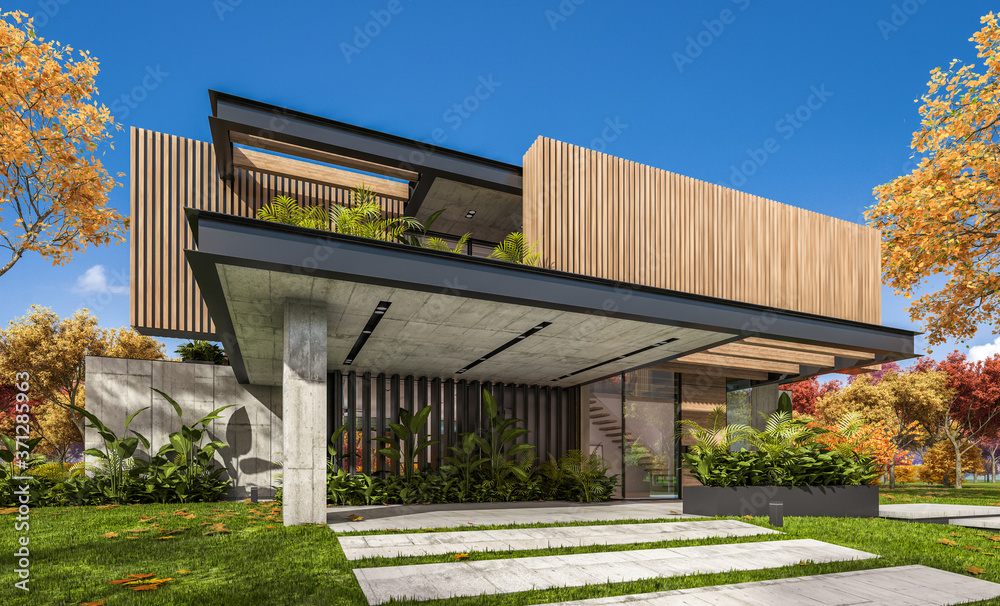 3d rendering of modern cozy house with parking and pool for sale or rent with wood plank facade and beautiful landscaping on background. Clear sunny autumn day with golden leaves anywhere. 3d rendering of modern cozy house with parking and pool for sale or rent with wood plank facade and beautiful landscaping on background. Clear sunny autumn day with golden leaves anywhere.