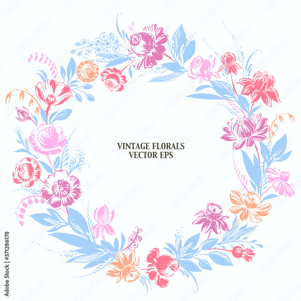 Hand drawn floral frame with roses, dahlia, poppy, narcissus, daisy, leaves Hand drawn floral frame with roses, dahlia, poppy, narcissus, daisy, leaves