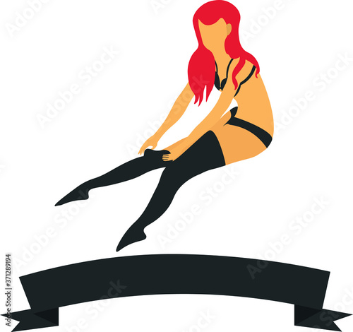 Redhead girl wearing black lingerie and bottomless holding black ribbon-shaped sign with space for text