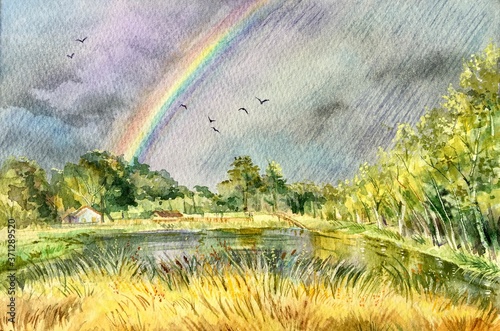 Watercolor rainbow over the lake. Summer background. Design element.