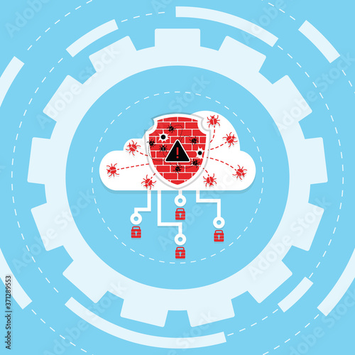 Cyber attack malware wannacry or maze ransomware virus encrypted files and lock on cloud computer concept. Hacker is offering key to unlock data for money. Vector illustration of security technology
