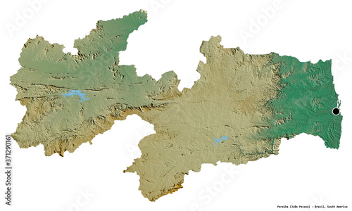 Paraíba, state of Brazil, on white. Relief