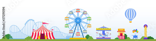 Foto Amusement park with attractions, carousels, circus tent vector illustration in f