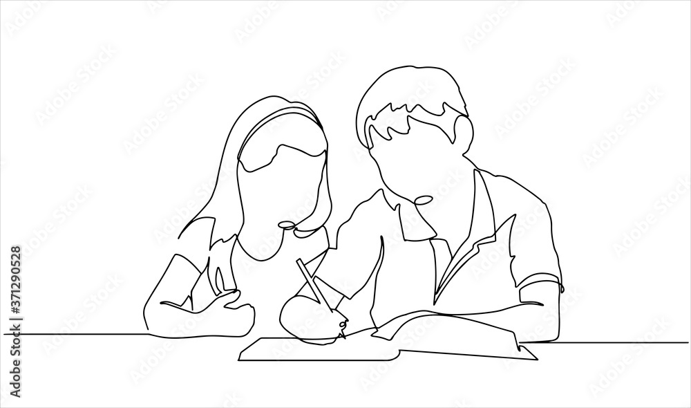 Back to school concept. Happy children read open books, helping each other. Vector illustration. continuous line drawing of teenager reading book. Concept of young children read books one hand.