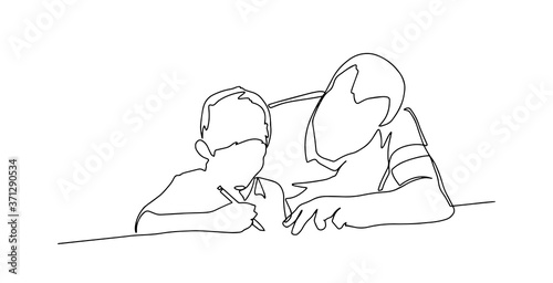 Portrait of father looking at son while doing homework continuous line drawing. One single line drawing of young father accompany his kid studying and reading a book, Vector. Back to school