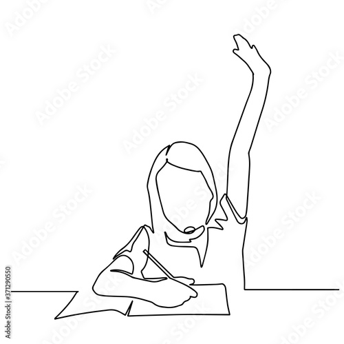 Continuous one line drawing. Happy girl sitting in a classroom raises her hand. Vector illustration. back to school concept. School girl raising hand and writing at a desk. first day at school
