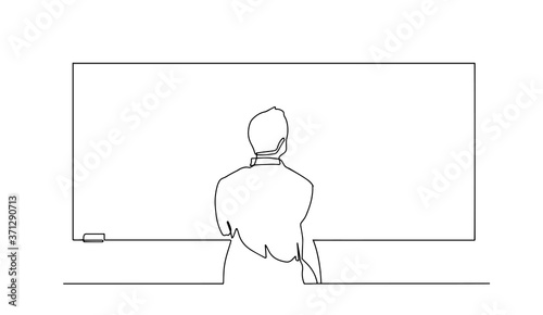 Suit man presentation on the whiteboard continuous line one line art. Business team discussing whiteboard drawing during brainstorm session - one line drawing