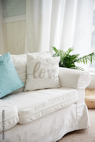 Stylish interior design with white sofa  cushions and tropical palm plant in pot  copy space. Couch decorated with pillows and houseplant at home