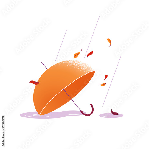 Autumn concept with umbrella, abstract rain lines and falling leaves. Autumnal season illustration in modern flat design, rainy weather in simple cartoon style, vector isolated on white background