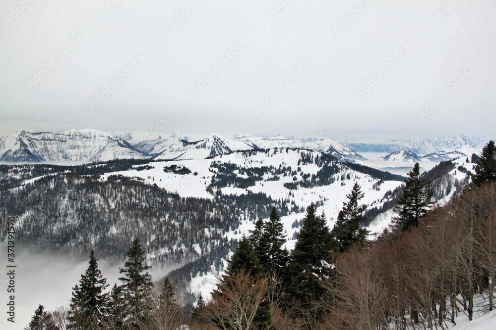 A view of the snow capped Austrian Mountains near Saltzburg