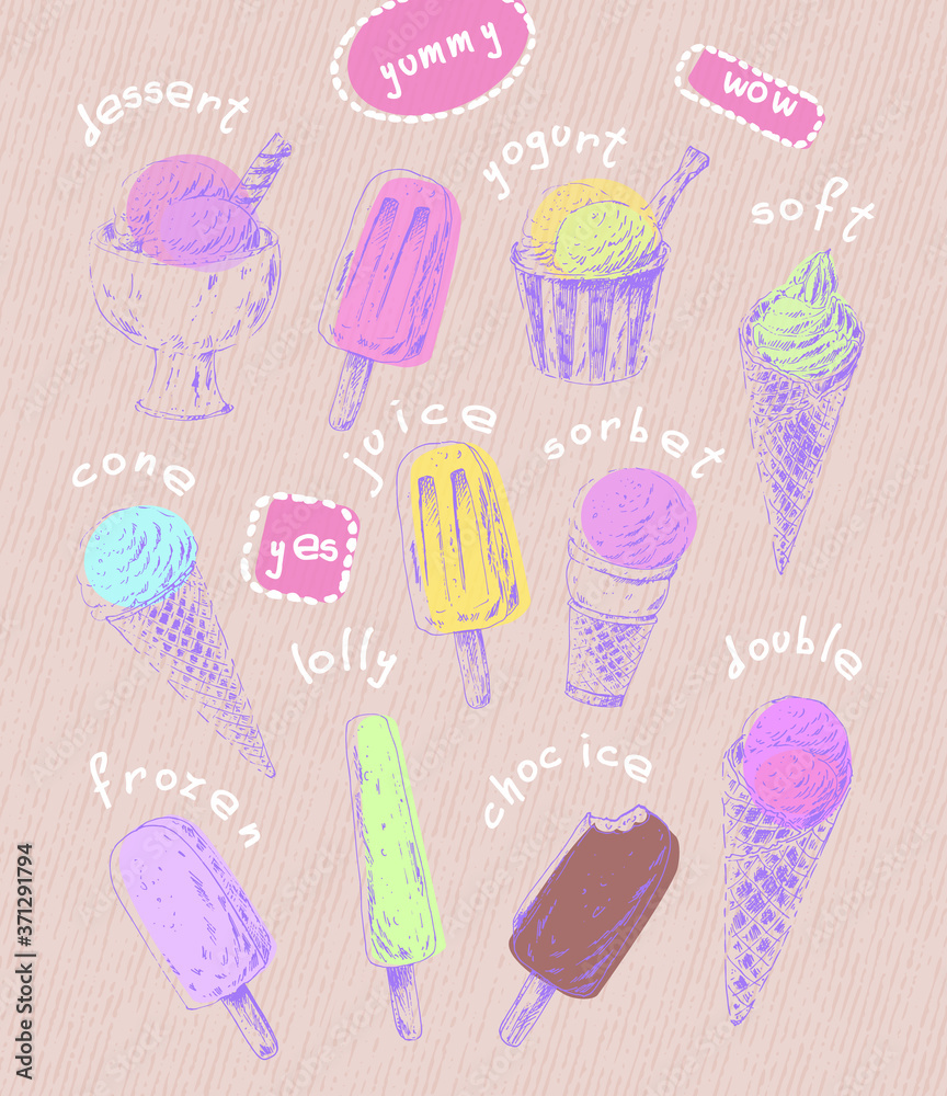 Set of hand drawn ice cream cones and popsicles Set of hand drawn ice cream cones and popsicles