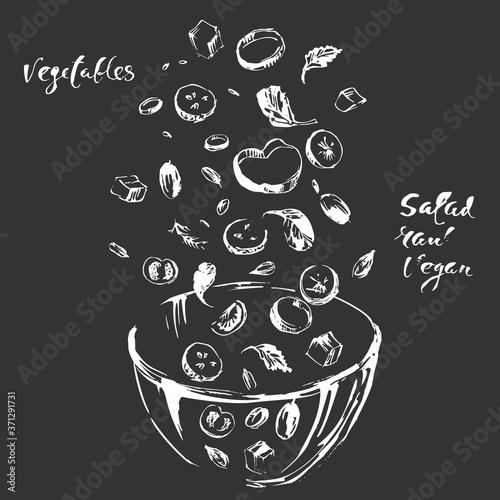 Hand drawn sketch of salad ingredients falling into a glass bowl.