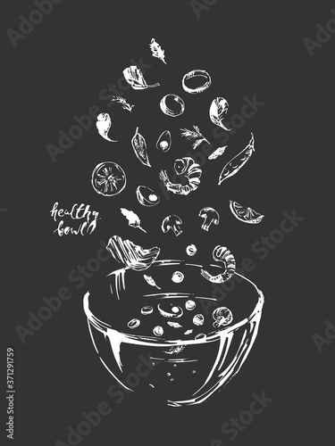 Hand drawn sketch of asian food ingredients falling into a glass bowl