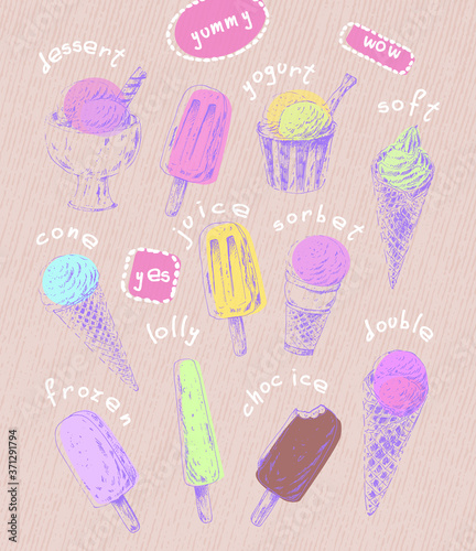 Set of hand drawn ice cream cones and popsicles