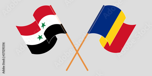 Crossed and waving flags of Syria and Romania