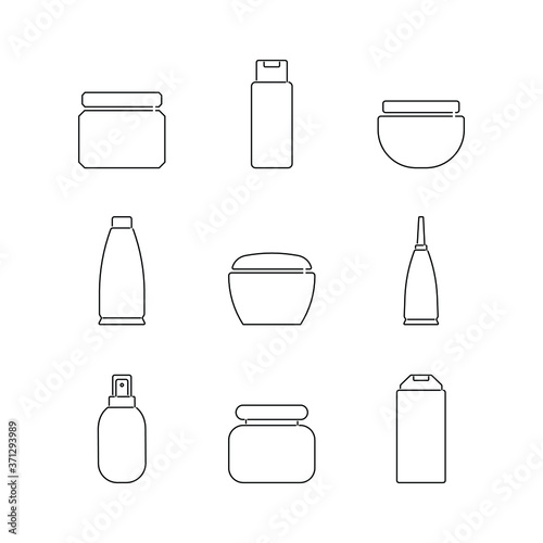Cosmetic bottle icons set. Vector illustration. 9 line art signs.