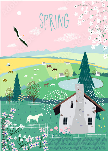 Spring. Vector cute illustration with spring, trees, house, animals, flowers for print, postcard, design, poster.