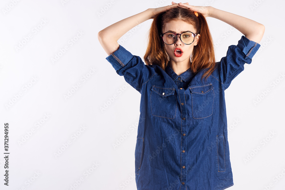 girl in a blue shirt bright makeup glasses student emotions model fun girl in a blue shirt bright makeup glasses student emotions model fun