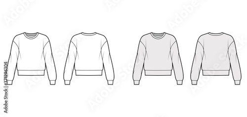 Cotton-terry sweatshirt technical fashion illustration with relaxed fit, crew neckline, long sleeves. Flat outwear jumper apparel template front back white grey color. Women, men unisex top CAD mockup