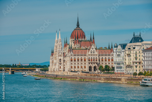 Budapest, Hungary. View on Parliament building over delta of Danube river..