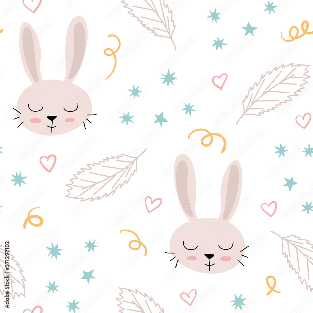Cute vector pattern with hand drawn bunny, feathers and stars. Seamless scandinavian background. Cute vector pattern with hand drawn bunny, feathers and stars. Seamless scandinavian background.