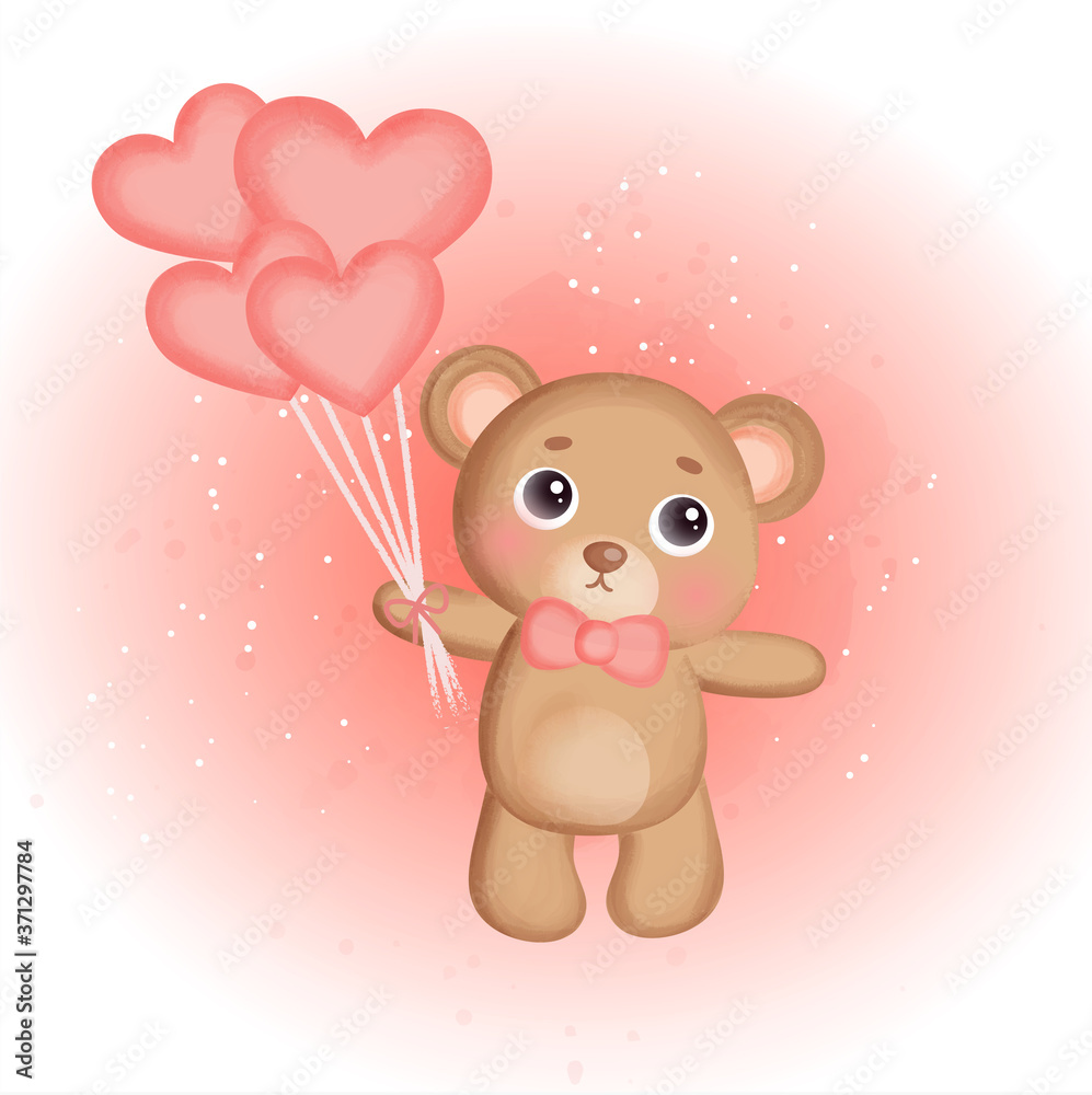 Cute teddy bear holding balloons.