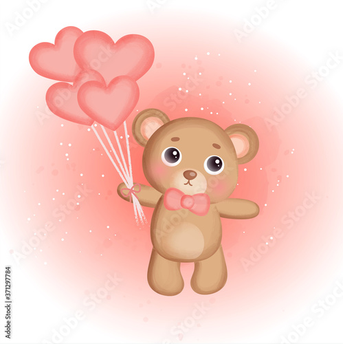 Cute teddy bear holding balloons.