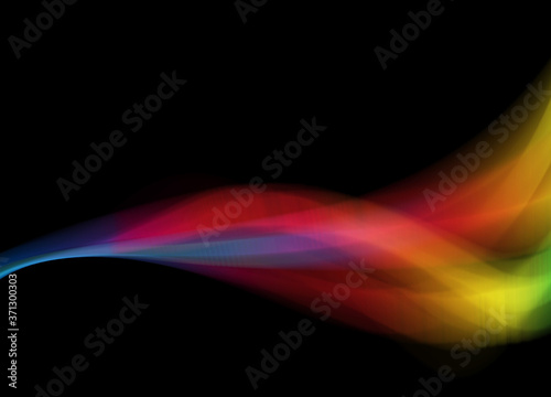 illustration of rainbow luminous line of paricles representing a sound wave on a black abstract Futuristic digital background with copy space. Banner for your design photo