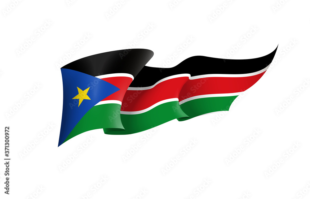 South Sudan flag state symbol isolated on background national banner. Greeting card National Independence Day of the Republic of South Sudan. Illustration banner with realistic state flag. South Sudan flag state symbol isolated on background national banner. Greeting card National Independence Day of the Republic of South Sudan. Illustration banner with realistic state flag.