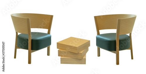 Wooden modern table and chair isolated on white background