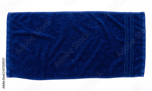 flat lay top view of blue towel mock up isolated on white background,