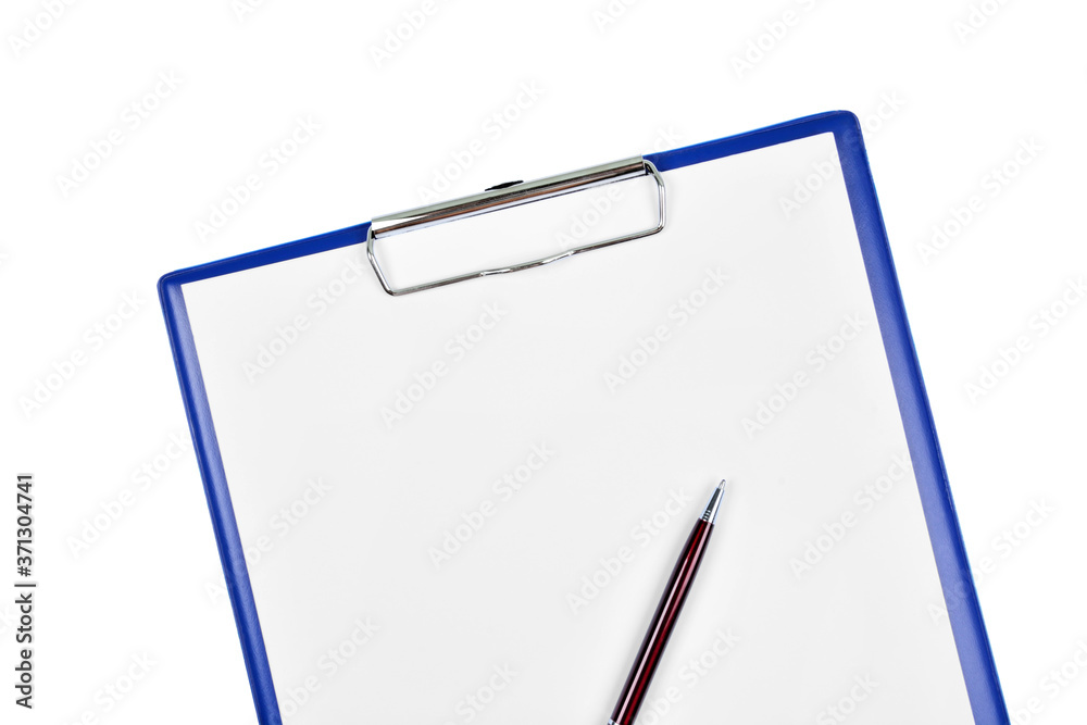 Clipboard with blank white paper and pen on white background Clipboard with blank white paper and pen on white background
