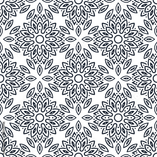 Seamless ornament of silhouette leaves, flowers and stars. Print for the cover of the book, postcards, t-shirts. Illustration for rugs.