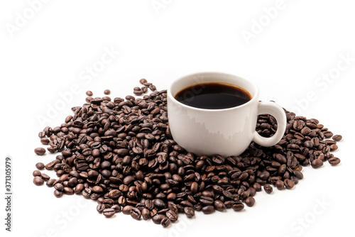 Cup of coffee with coffee beans isolated on white background